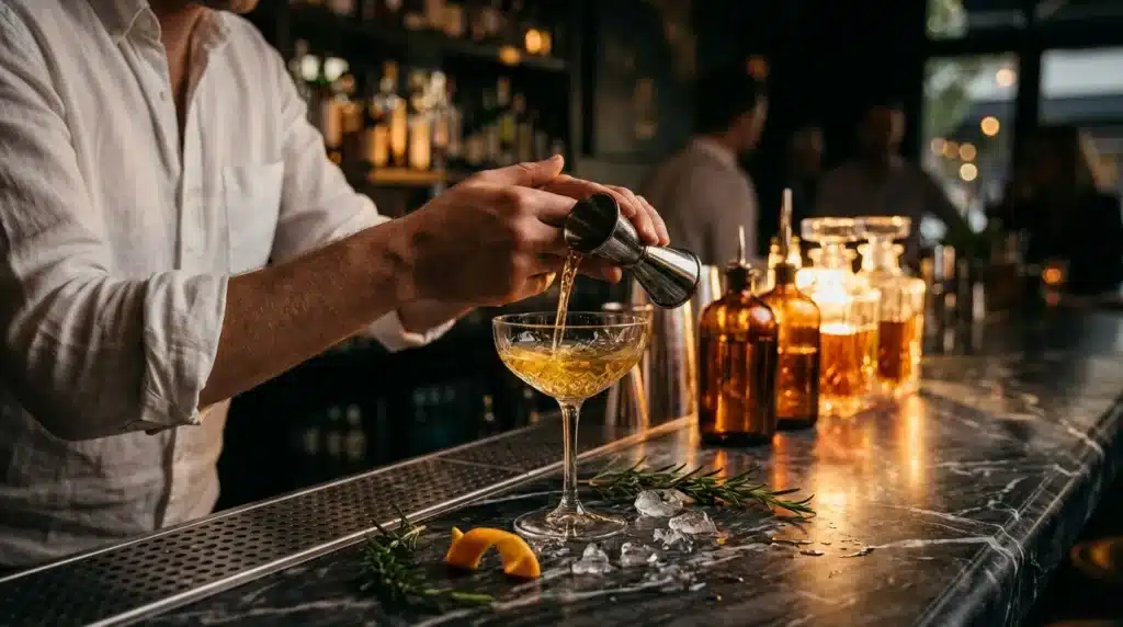 Barman verse un cocktail dans un verre élégant au bar