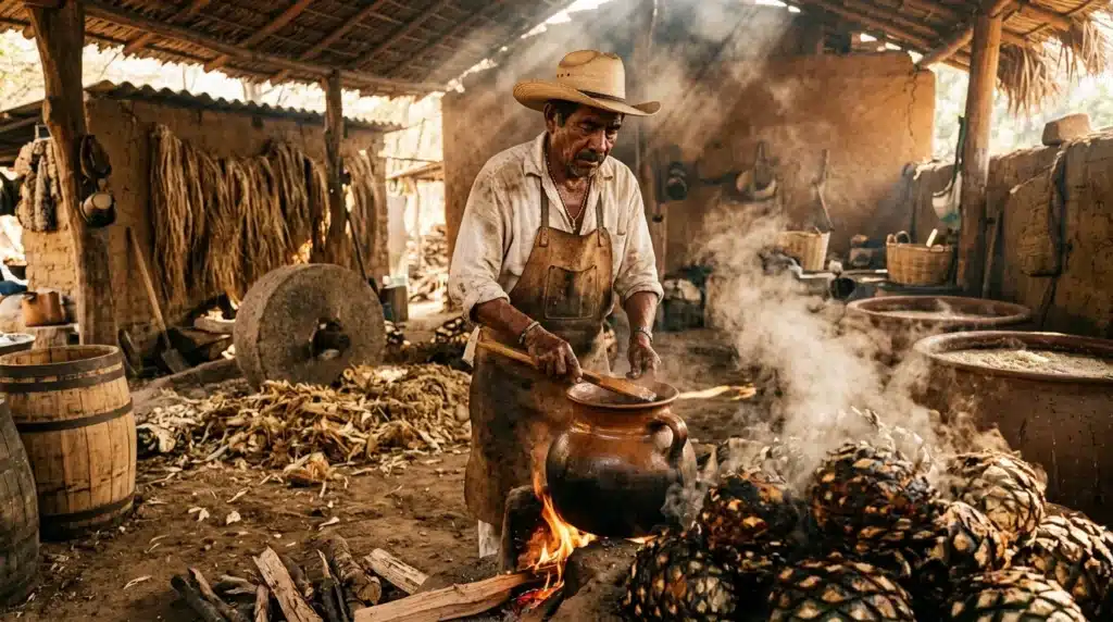 Homme cuisinant dans une cuisine traditionnelle rustique