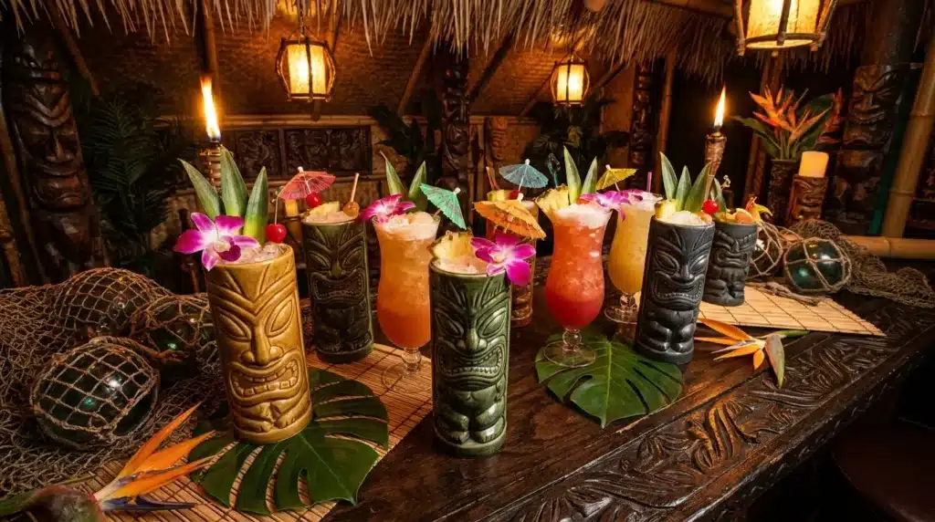 Cocktails tropicaux décorés fleurs orchidées verres tiki