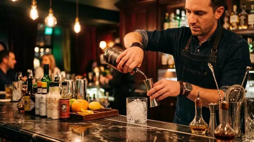Bartender verse un cocktail dans un verre avec glaçons au bar