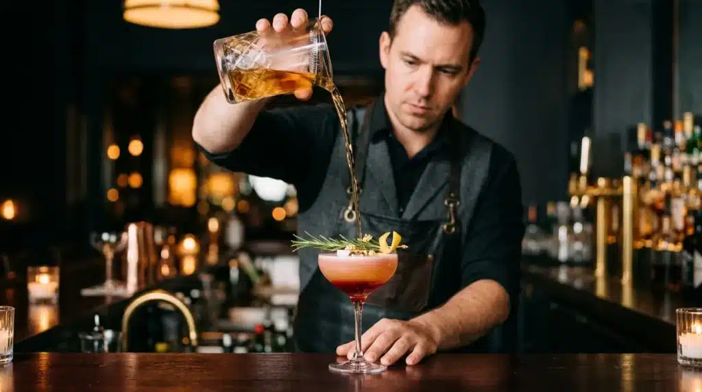 Barman versant du whisky dans un cocktail garni de romarin
