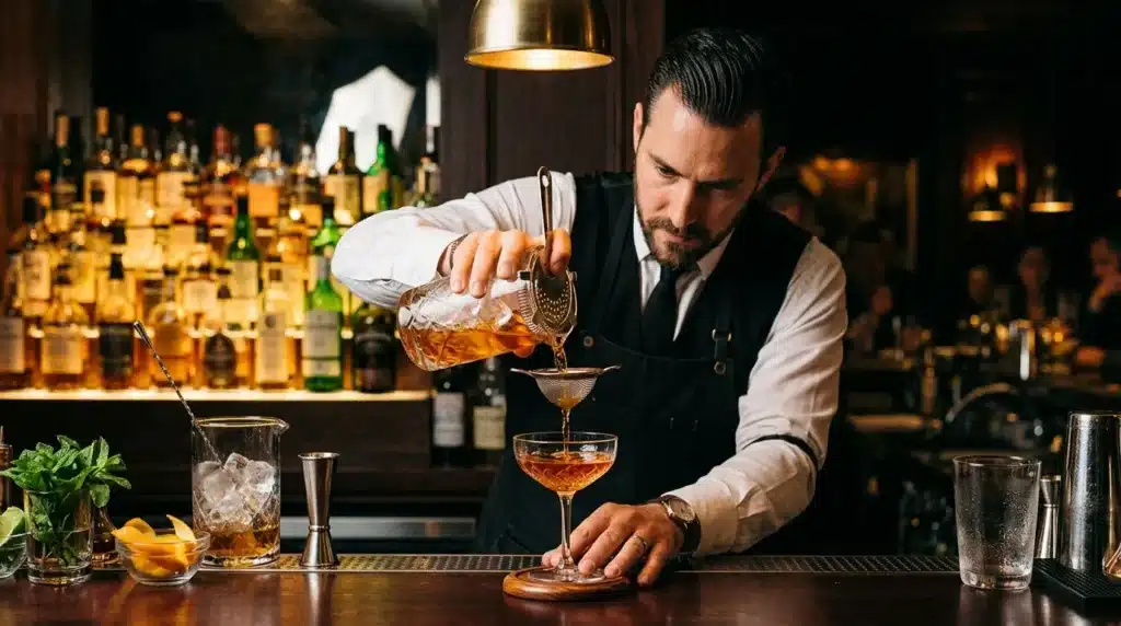 Barman versant un cocktail ambré dans un verre élégant