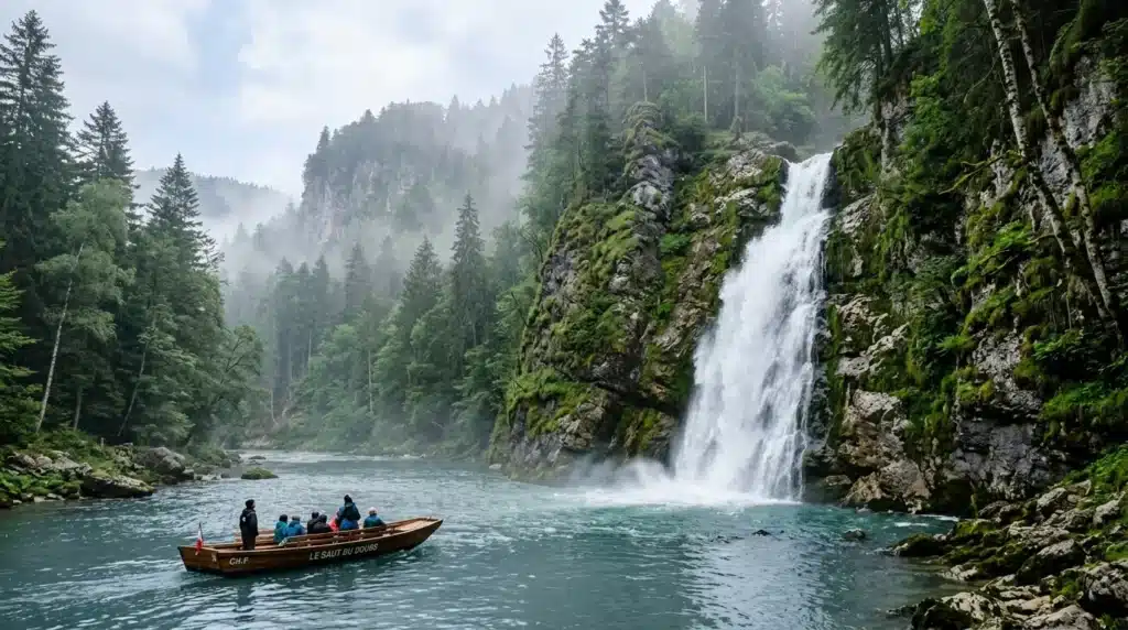 Bateau touristique devant une cascade en montagne boisée