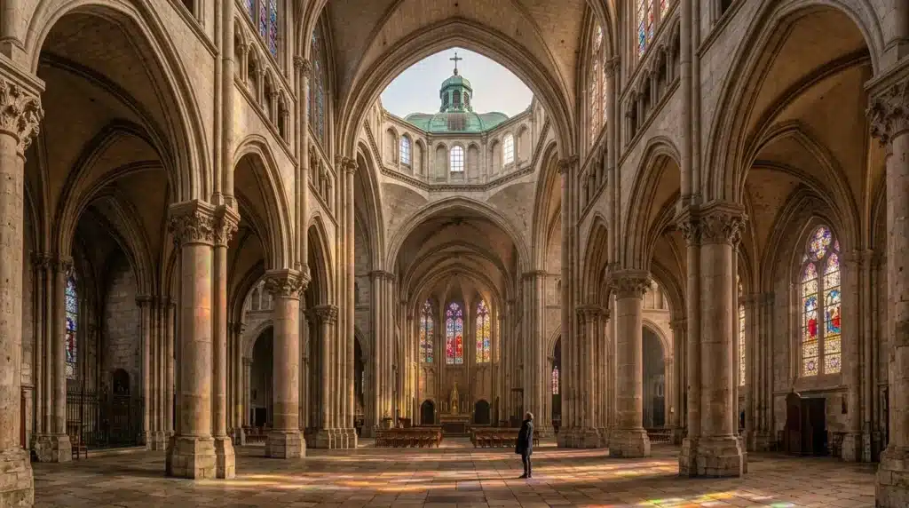 Intérieur de cathédrale gothique avec voûtes, colonnes et vitraux colorés
