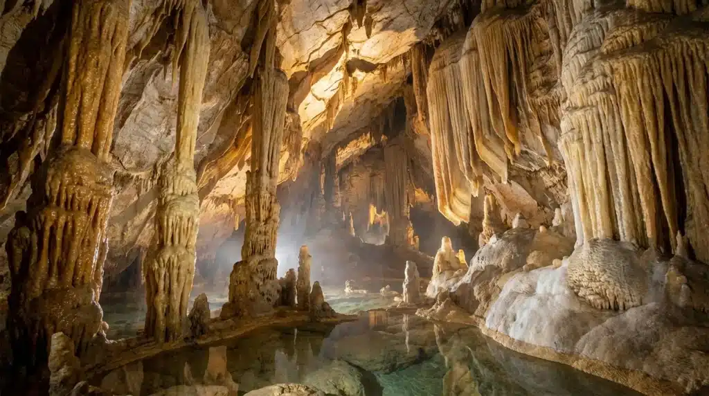 Immense grotte avec stalactites dorées et lac souterrain cristallin
