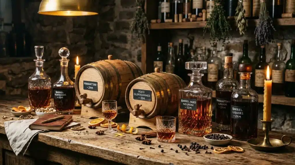 Barils et bouteilles de whisky dans une cave élégante.