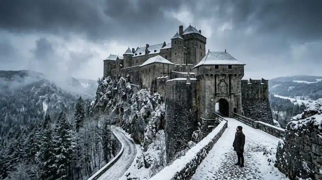 Château fortifié couvert de neige sur un rocher montagneux