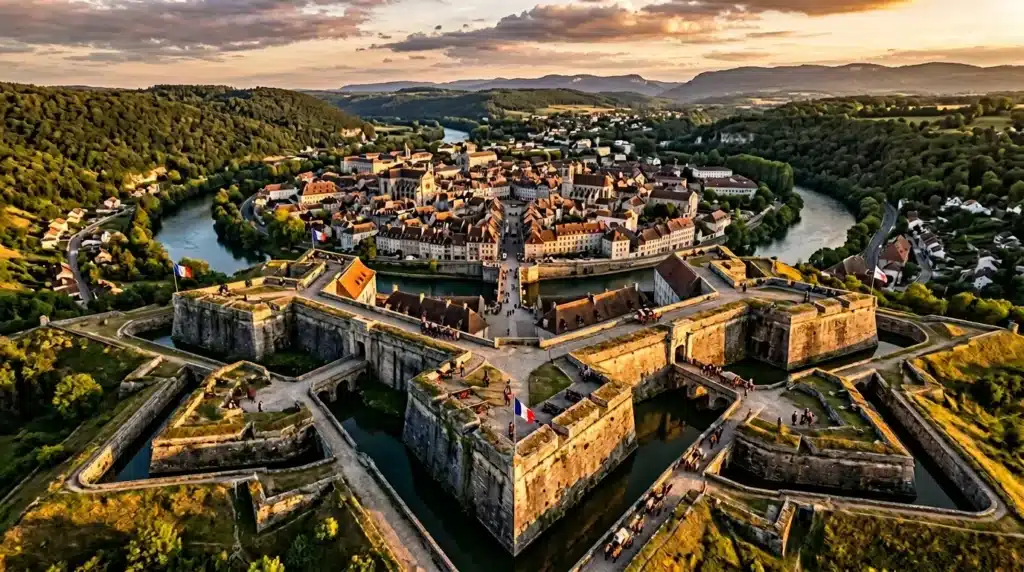 Vue aérienne d'une citadelle fortifiée entourée de douves et de murailles