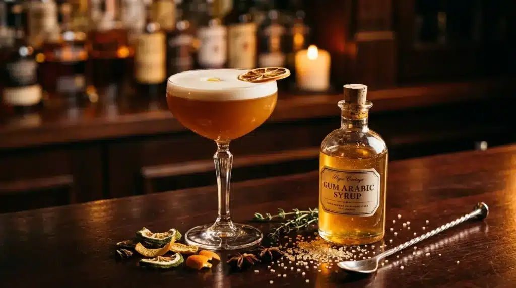 Verre de cocktail ambré avec mousse, sirop gum arabic et garnitions épicées