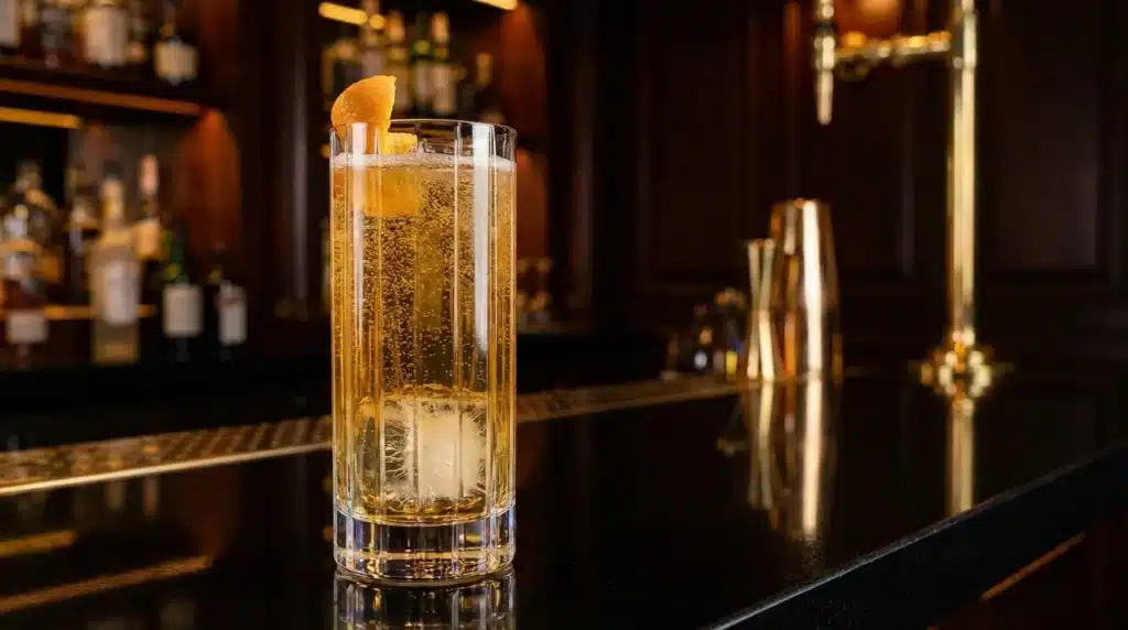Verre de cocktail doré avec glaçons et zeste de citron