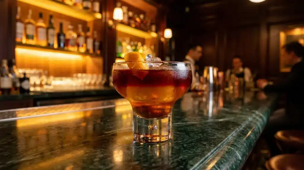 Verre de cocktail avec glaçons et zeste sur comptoir de bar