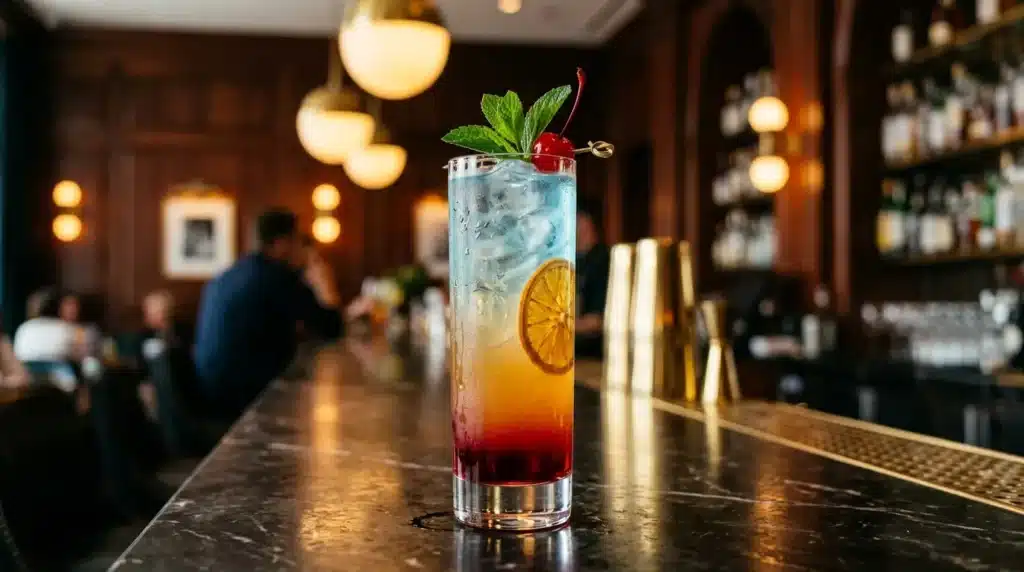 Verre de cocktail coloré garni de menthe et cerise au bar