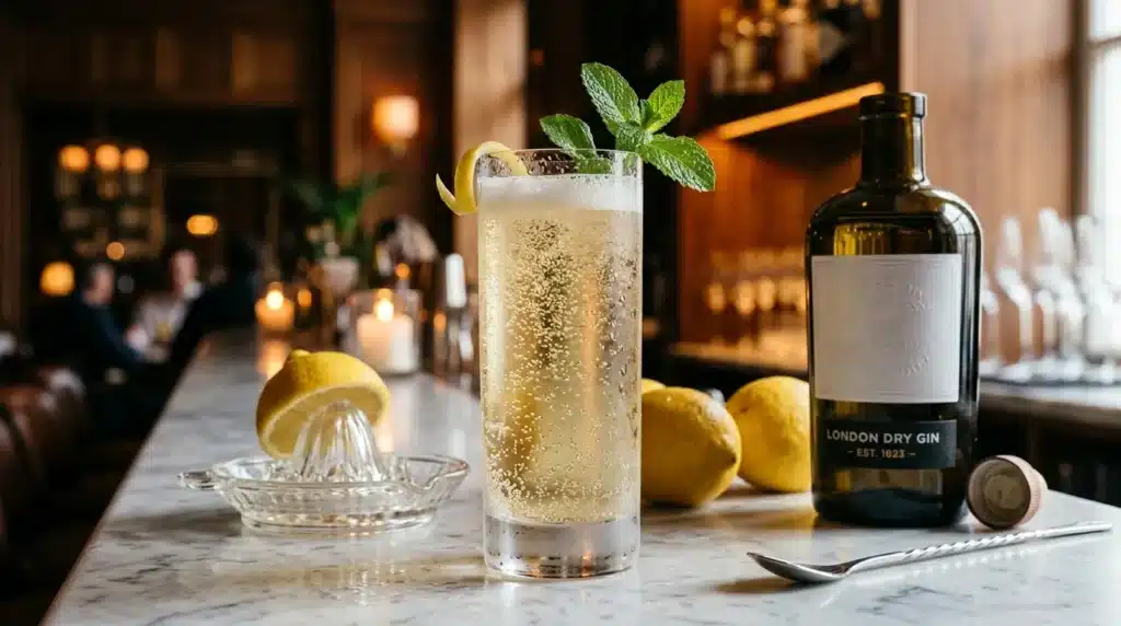 Verre de gin tonic avec menthe, citron et bouteille London Dry Gin