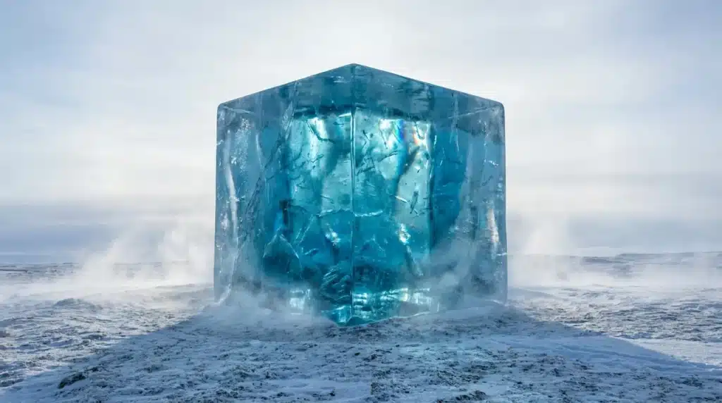 Immense cube de glace bleu translucide dans paysage glacé désertique