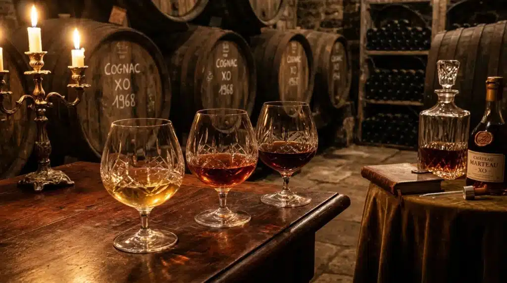 Verres de cognac et décanter dans une cave historique avec tonneaux