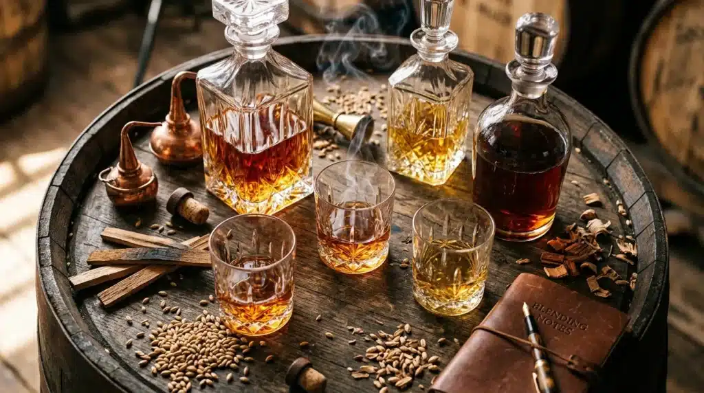 Bouteilles et verres de whisky sur tonneau avec épices