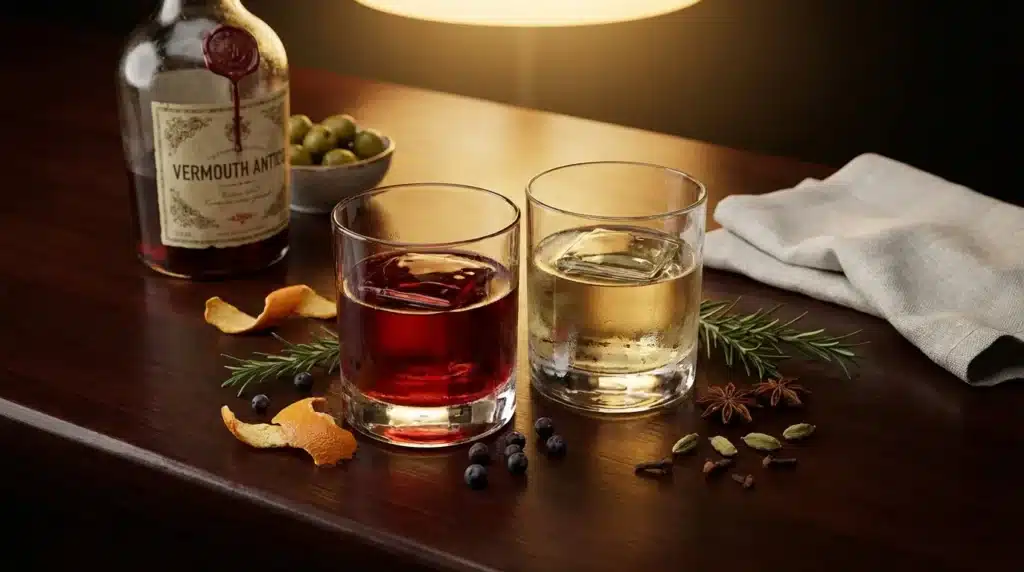Deux verres de vermouth avec glaçons, olives et garnit épicé