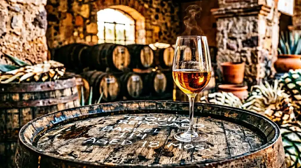 Verre de vin ambré posé sur tonneau en cave historique