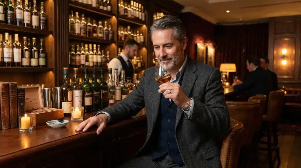 Homme en costume dégustant du whisky dans un bar élégant