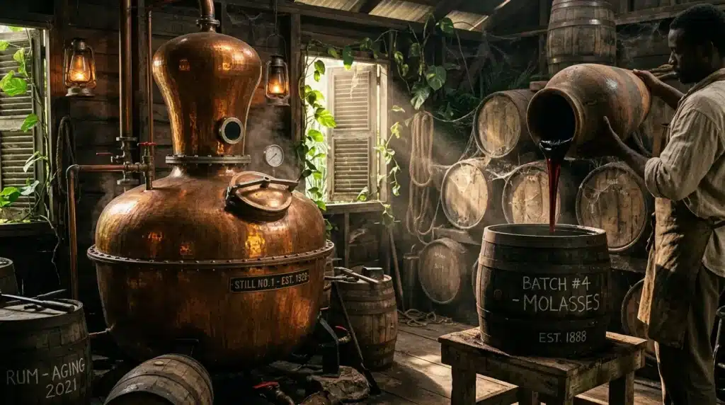 Alambic en cuivre et tonneaux de rhum dans une distillerie