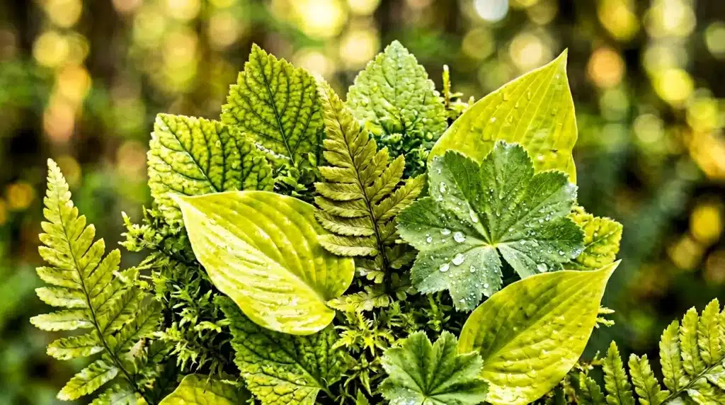 Feuilles vertes et jaunes couvertes de gouttes d'eau