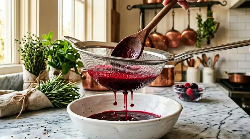 Main versant sauce rouge à travers un tamis dans un bol blanc