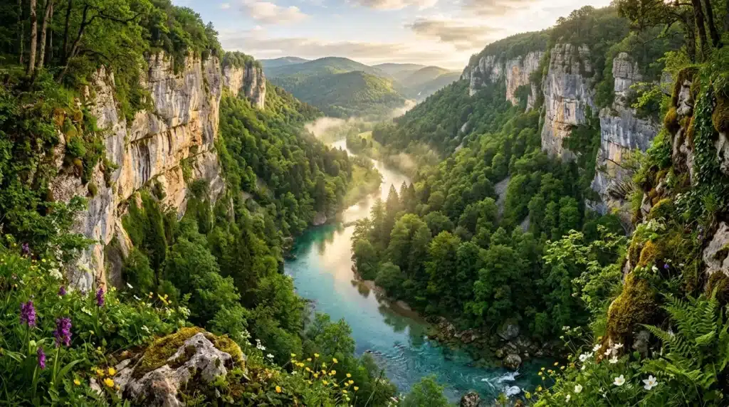 Gorge rocheuse avec rivière turquoise entourée de forêts denses
