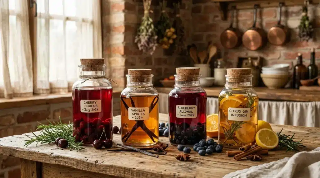 Quatre bouteilles de liqueurs maison étiquetées dans une cuisine rustique.