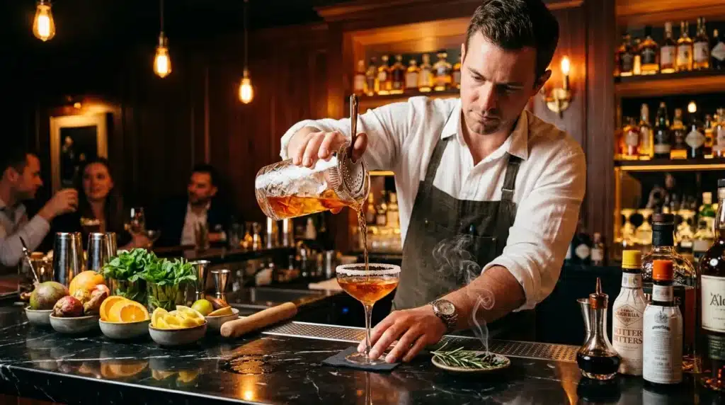 Bartender versant un cocktail dans un verre, ambiance bar chic.