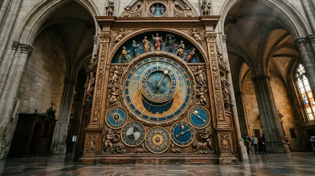 Horloge astronomique ornée dans cathédrale gothique