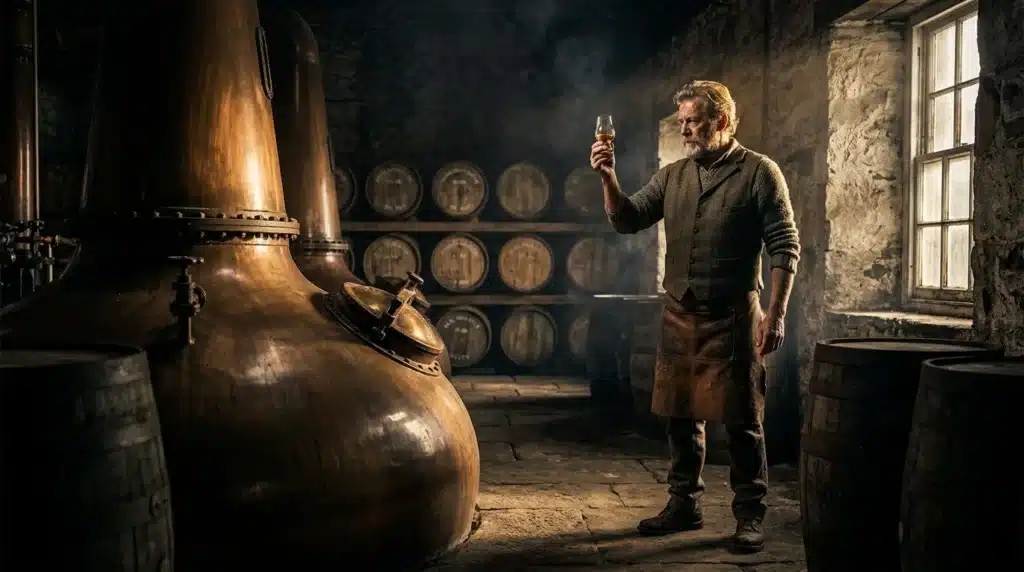 Homme barbu dégustant du whisky dans une distillerie ancienne