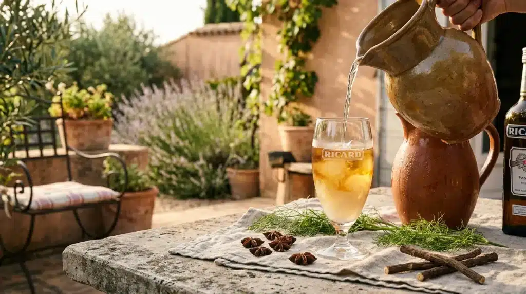 Verre de pastis versé d'une carafe en terrasse méditerranéenne