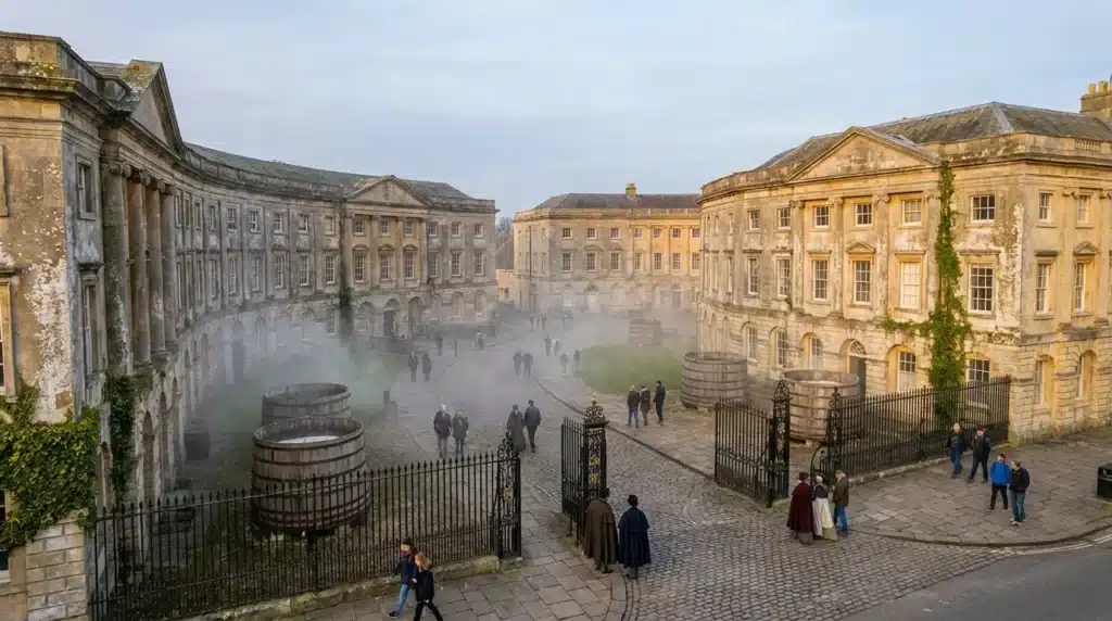 Cour historique pavée entourée bâtiments géorgiens dorés