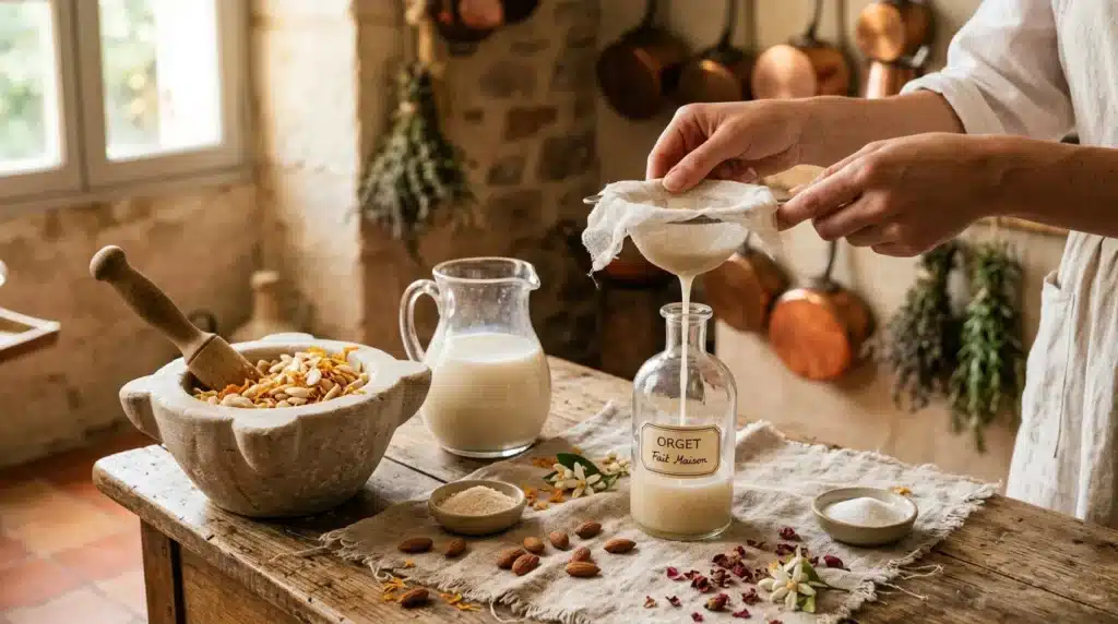 Mains versant du lait dans une bouteille avec ingrédients naturels