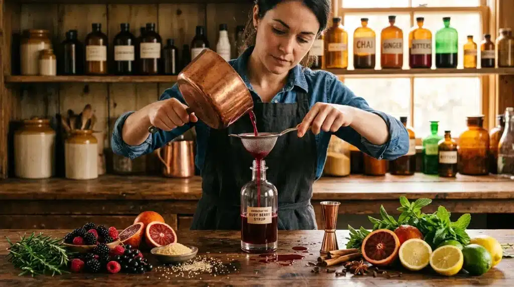 Femme versant un sirop de baies rouges dans un flacon