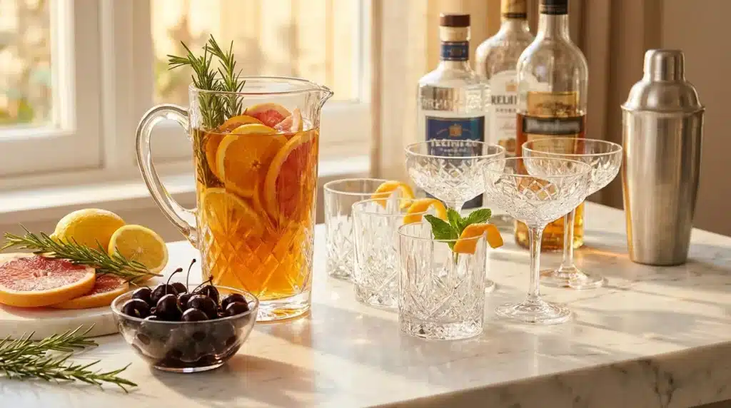 Pitcher de cocktail avec fruits, verres cristal et bouteilles alcool