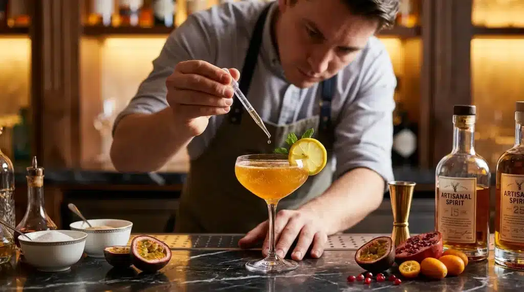 Bartender versant un cocktail doré avec glaçons et garnir de citron