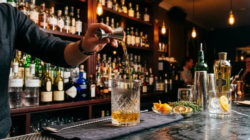 Barman versant un cocktail dans un verre à glaçons