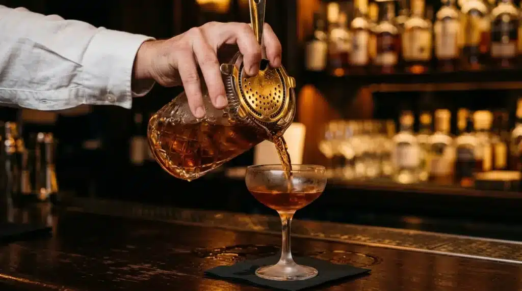 Barman versant un cocktail doré dans un verre à cocktail