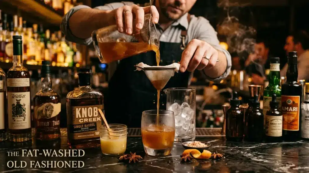 Bartender versant un cocktail à travers un tamis fin au bar