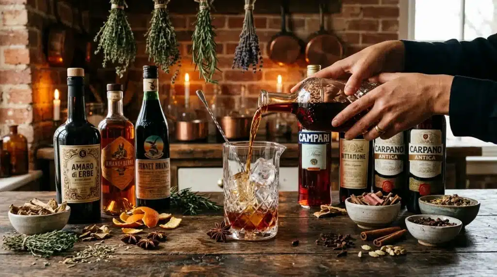 Versement de liqueur amère dans un verre avec glaçons et herbes aromatiques