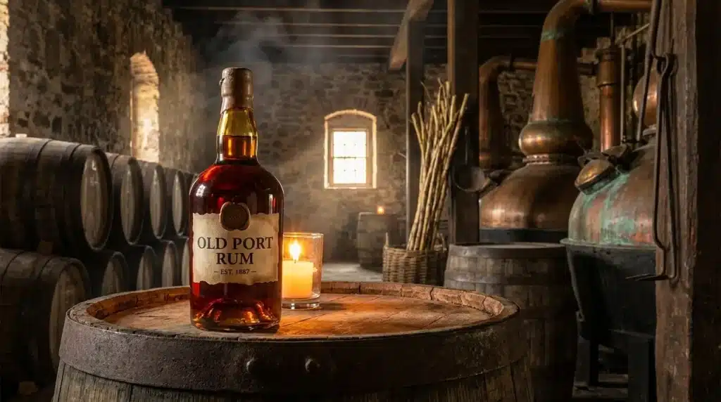 Bouteille de rhum Old Port dans une distillerie vintage avec tonneaux.