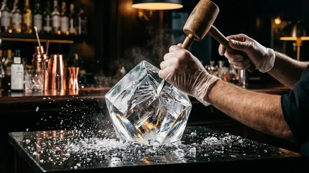 Bartender casse un bloc de glace avec un marteau en bois
