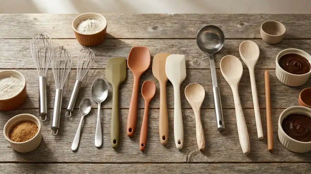 Batteurs, cuillères et bols d'ingrédients baking sur bois