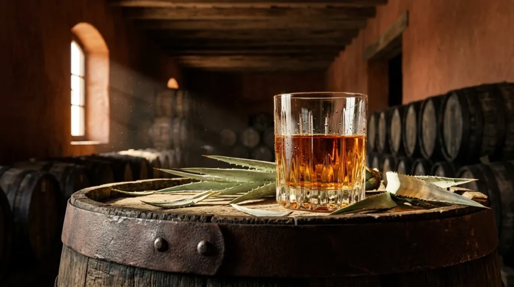 Verre de whisky sur tonneau en distillerie avec barils.