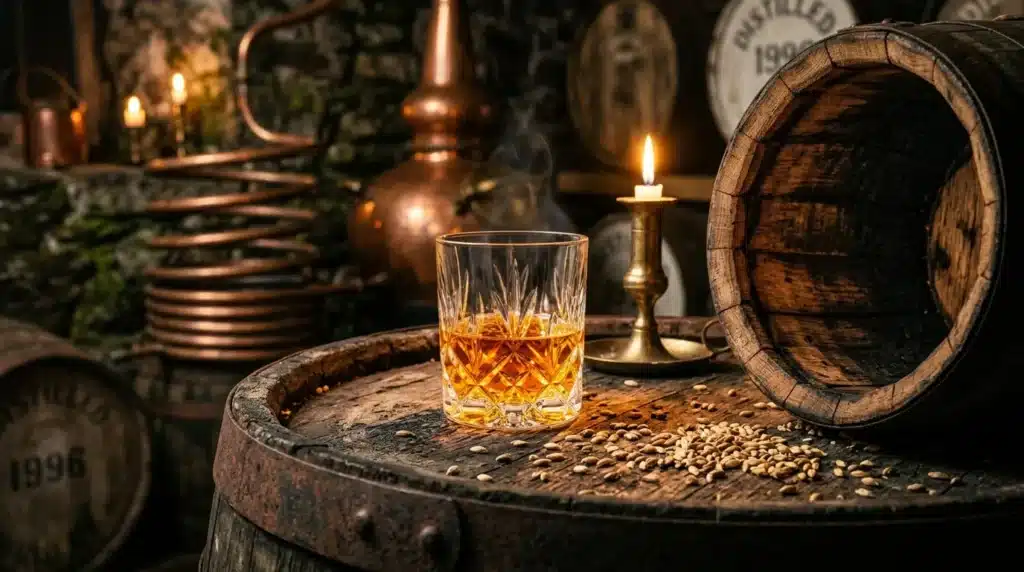 Verre de whisky ambré sur tonneau en bois, distillerie.