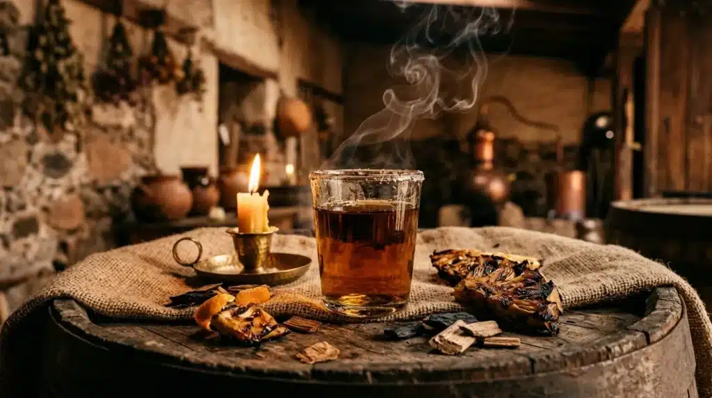 Verre de potion, chandelle allumée, herbes séchées et ambiance alchimique