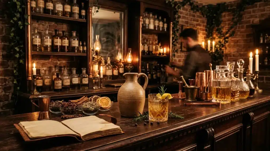 Bar apothicaire vintage avec bouteilles, alcools et bougies allumées