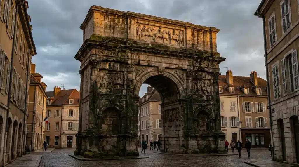 Arc de triomphe romain ancien dans une place pavée