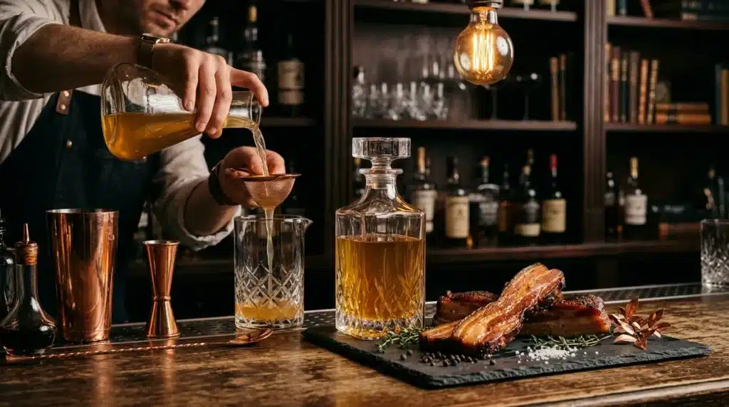 Barman préparant un cocktail avec spiritueux et glaçons